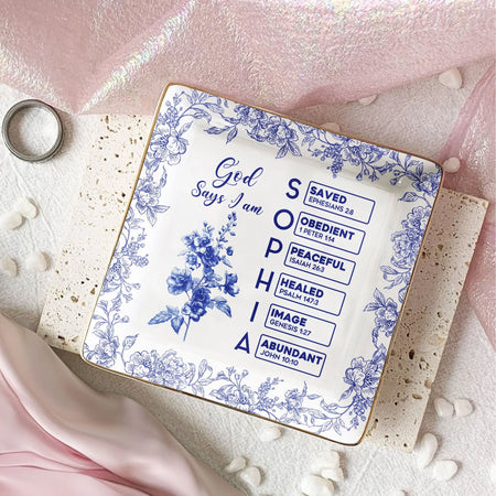 God Says I Am Name Letter In Bible Toile De Jouy Style - Personalized Jewelry Dish