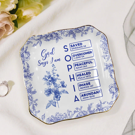 God Says I Am Name Letter In Bible Toile De Jouy Style - Personalized Jewelry Dish