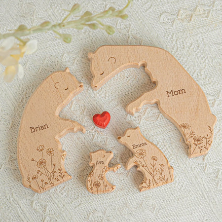 Hugging Bear Family Floral Version - Personalized Wooden Bear Family Puzzle - Gift For Mom