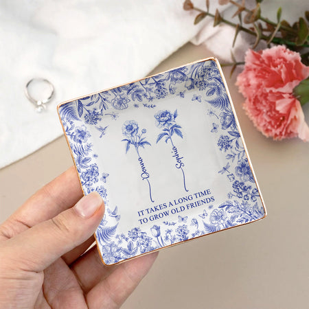 It Takes A Long Time To Grow An Old Friend, Bestie Toile De Jouy - Personalized Jewelry Dish, Gift For Friend