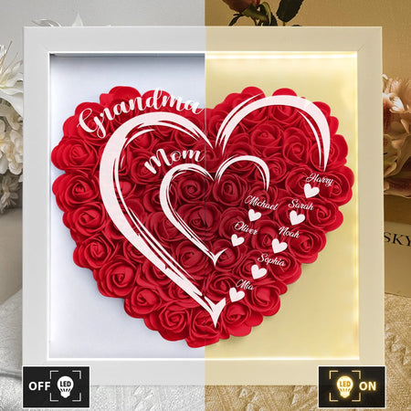 Mom Grandma Hearts Custom Kids' Names - Personalized Flower Shadow Box With LED Light