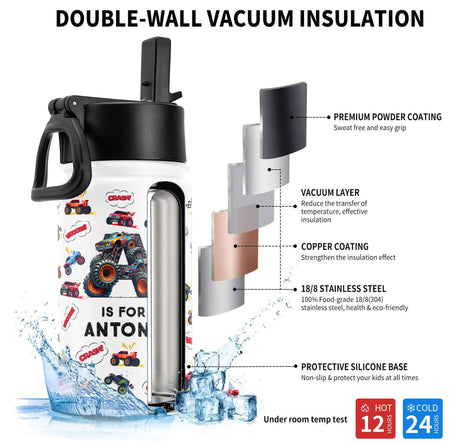 Monster Truck, Unicorn Alphabet - Personalized Kids Water Bottle With Straw Lid