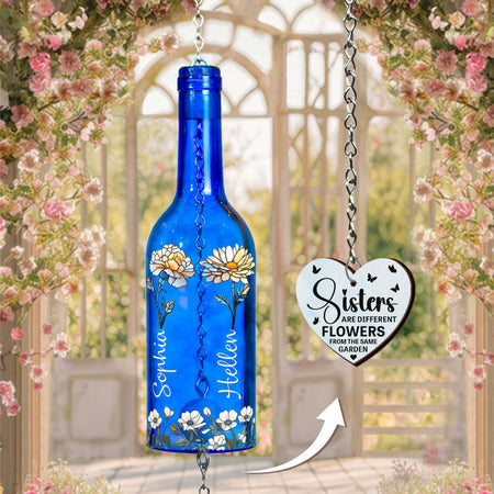 Sisters Different Flowers From The Same Garden - Personalized Wine Bottle Wind Chime