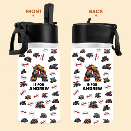 Monster Truck, Unicorn Alphabet - Personalized Kids Water Bottle With Straw Lid - Oracle Gifts