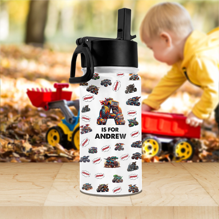 Monster Truck, Unicorn Alphabet - Personalized Kids Water Bottle With Straw Lid - Oracle Gifts