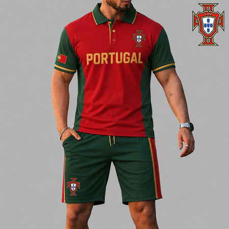 Portugal FIFA World Cup 2026 polo shirt and shorts set by Trendyhomewear, featuring Portugal team logo and football fan apparel.