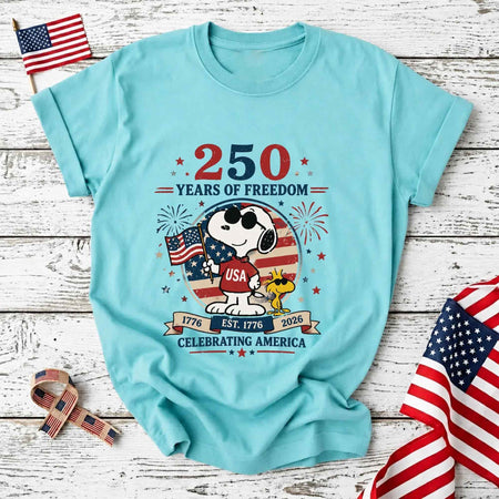 Trendyhomewear Snoopy patriotic T-shirt celebrating 250 years of American pride, featuring Snoopy design and festive colors.