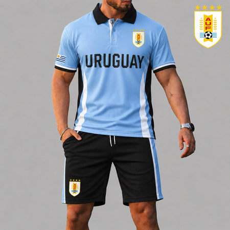 Uruguay FIFA World Cup 2026 polo shirt and shorts set by Trendyhomewear, soccer fan clothing for football enthusiasts.